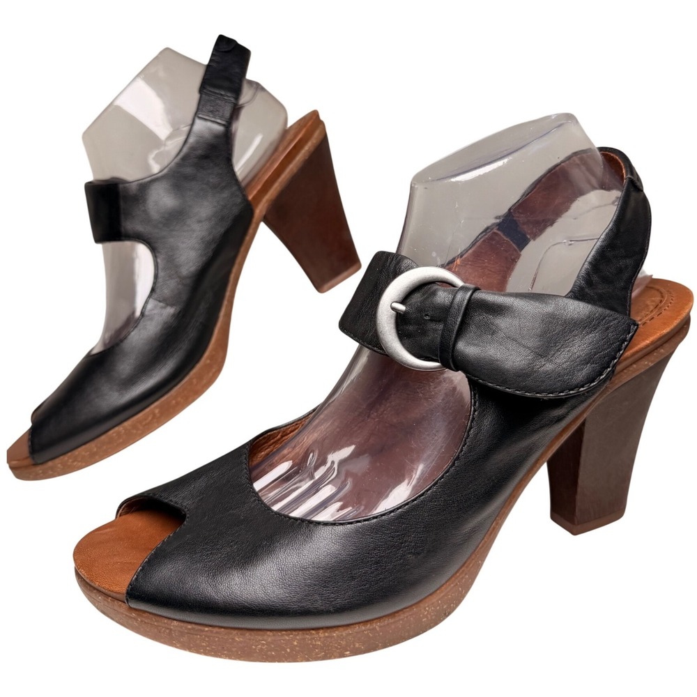 Naya Arvada Black Leather Slingback Peep Toe Block Heel Sandals 10M Boho